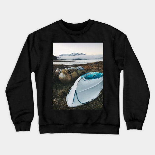 Old Gas Tank and White Boat Lying in Brown Grass on Cold Foggy Winter Day Crewneck Sweatshirt by visualspectrum